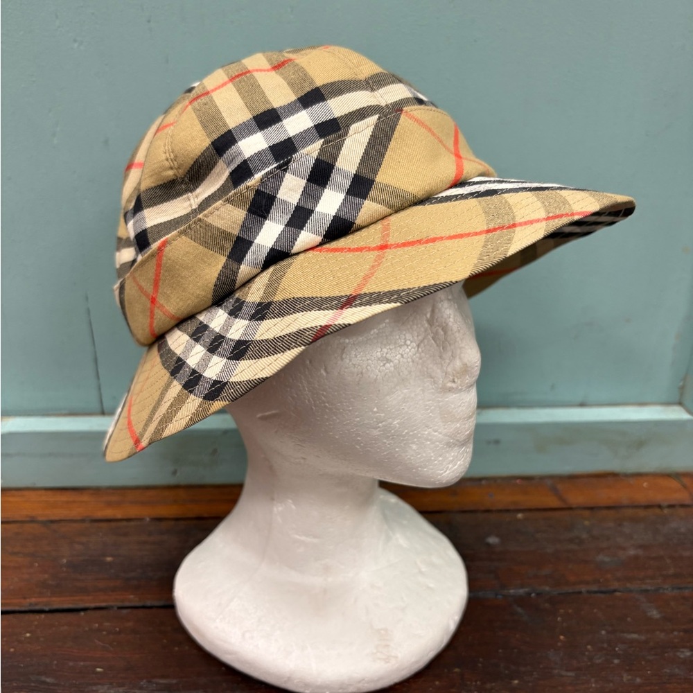 Burberry Beige Nova Check Bucket Hat with Black & Red Accents L / M